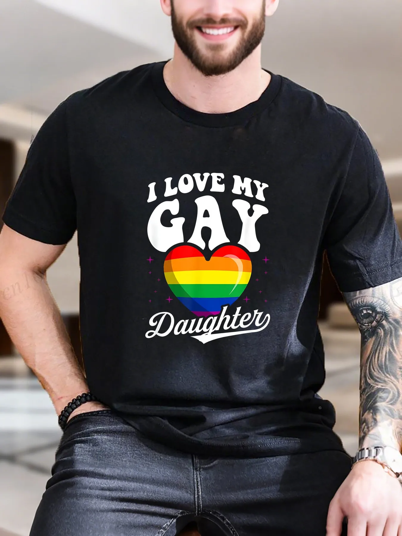 

New Arrival Fashion Men's Rainbow Heart Print T-Shirt 100% Cotton Soft Comfortable Casual Tee with'I Love My Gay Daughter' Design