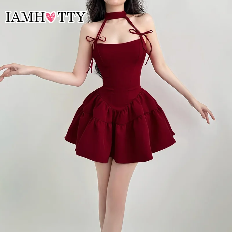 IAMHOTTY Christmas Party A-line Sleeveless Dress Red Black Kawaii Bow Halter Ball Gown Princess Dresses Kawaii Lolita Korean