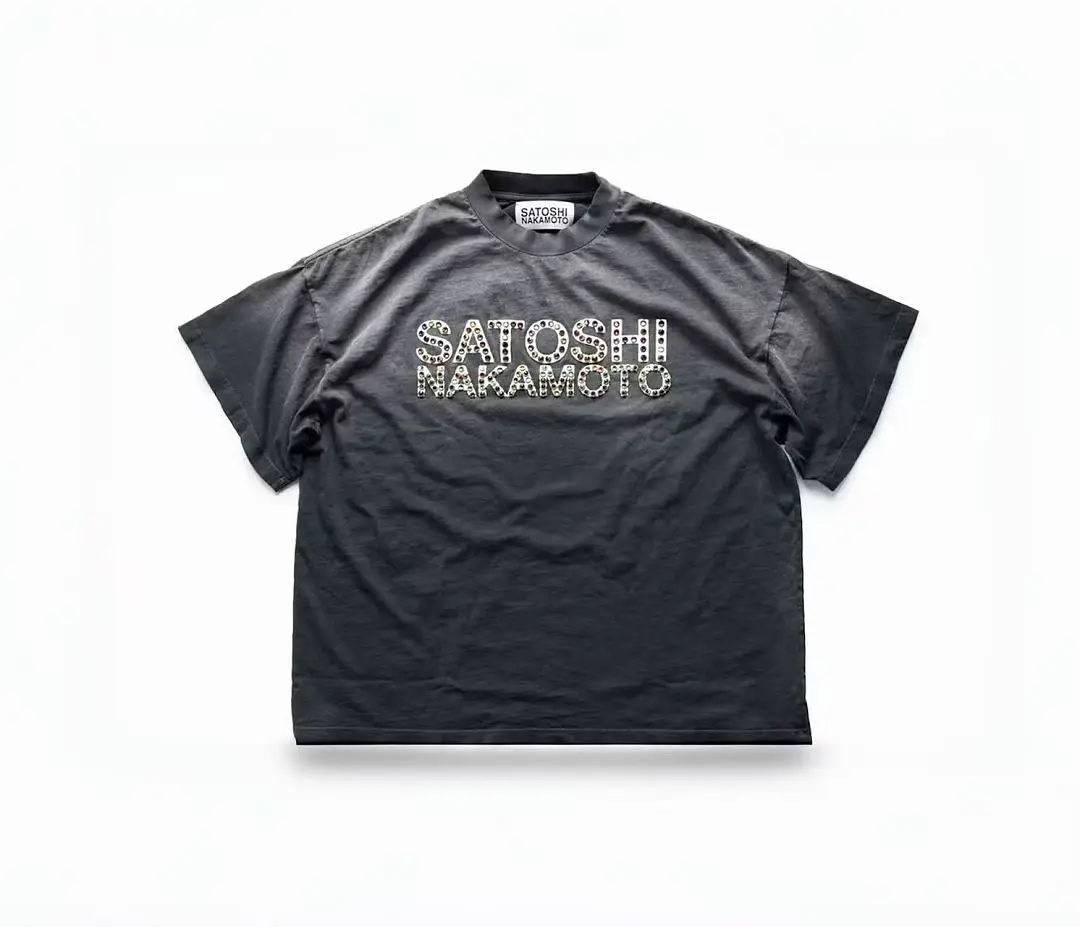 Oversized Vintage Washed T-shirt Colorful Rhinestone SATOSHI Letter Graphic Tee Men Streetwear Casual Short Sleeve Cotton Top