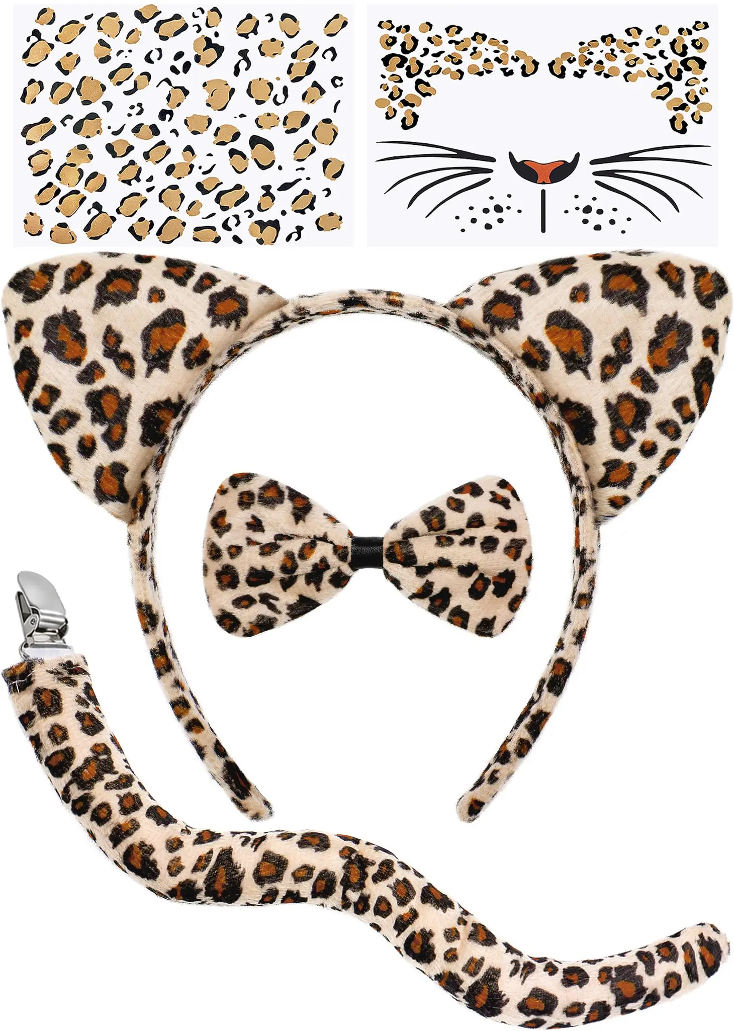 5 PCS Leopard Ears and Tail,Halloween Animal Cheetah Costume Women Cheetah Ears Headband/Cheetah Tail/Tie/2 Face Stickers,Cat Zoo Animal Leopard Costume,Easy Halloween Costumes Women Adult