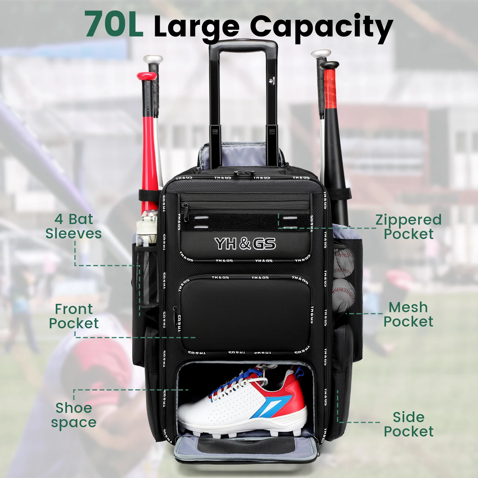 Baseball Rolling Trolley Case Gear Outdoor Sports Baseball Bag with Fence Hook Bag Light Baseball Luggage Youth Softball Bag