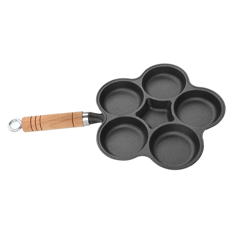 Cast Iron Pan, Uncoated Breakfast Pan, Non-Stick Omelette Pan, Five-Hole Hamburger Mold, Egg Dumpling Frying Pan