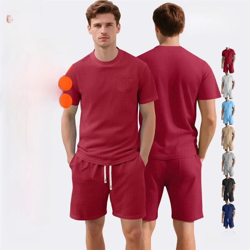 

Новый летний мужской комплект 2026: тонкие вафельные повседневные спортивные шорты и футболка с коротким рукавом для весны