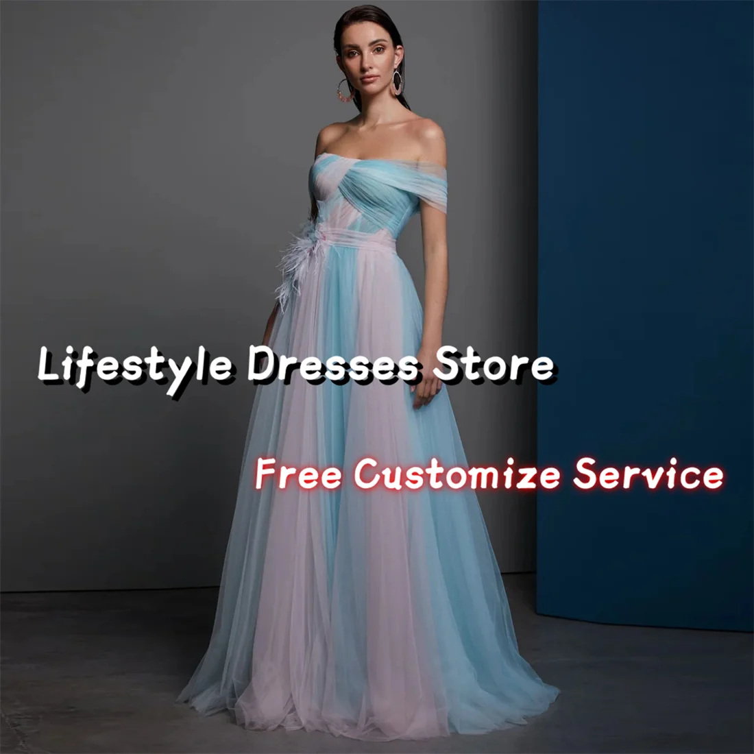 

Contrast Color Off Shoulder Elegant Evening Dresses Prom Dresses A Line Party Gowns Formal Occasion Tulle Dress Feathers