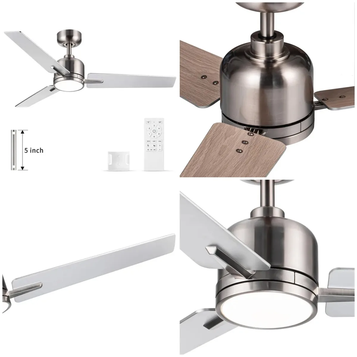 48 cali. Zintegrowany wentylator sufitowy LED w stylu farmhouse, do użytku wewnątrz i na zewnątrz, niklowany, inteligentny, z pilotem.