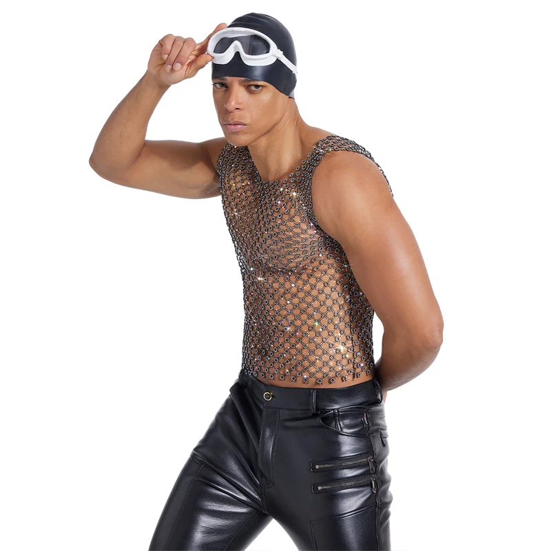 Herren Strass-Netz-Tanktop Schwarz Kristall-Mesh Ärmelloses Transparentes Crop-Top Nachtclub Party Festival Rave Weste футболка+женская – Detail 3