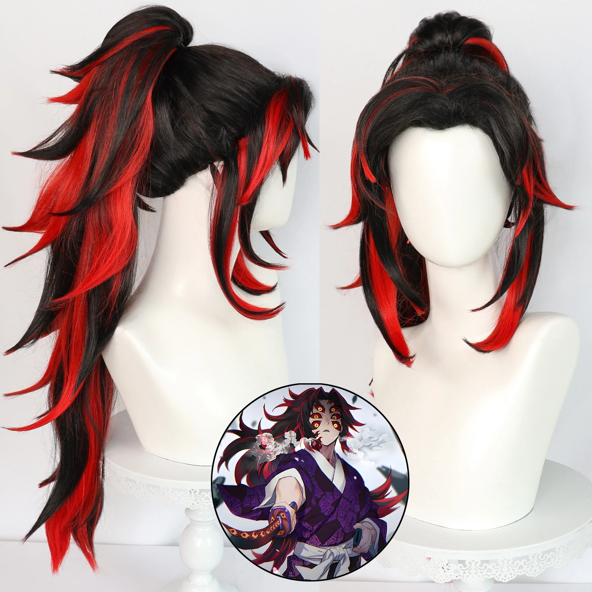 

Kokushibo Cosplay Wig Anime Kimetsu No Yaiba Cosplay Kokushibou Wig Black Red Long Hair Halloween Party Cos Wigs for Men Women