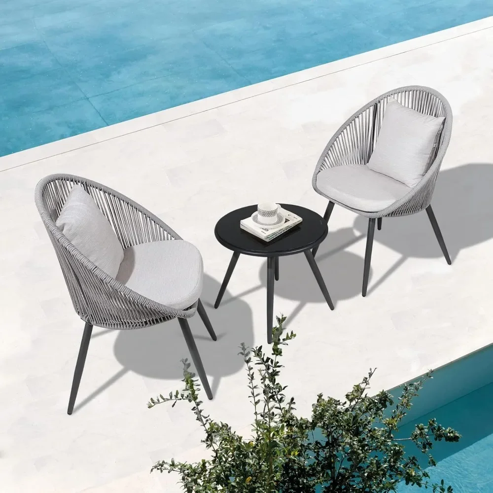 3 Piece Patio Bistro Set, Outdoor Woven Rope Conversation Balcony Furniture Set with Glass Top Table and Cushioned Chairs