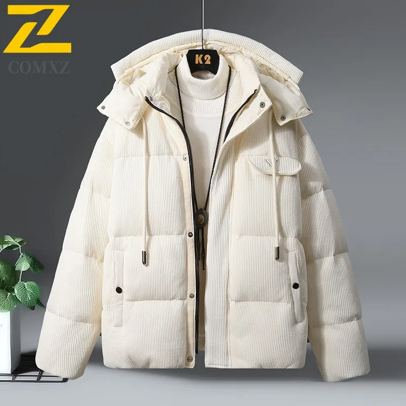 COMXZ Men Padded Jacket Solid Color Warm Thick Korean Style Commuting Parker Coat Street Cold-Resistant Windproof Winter Jacket