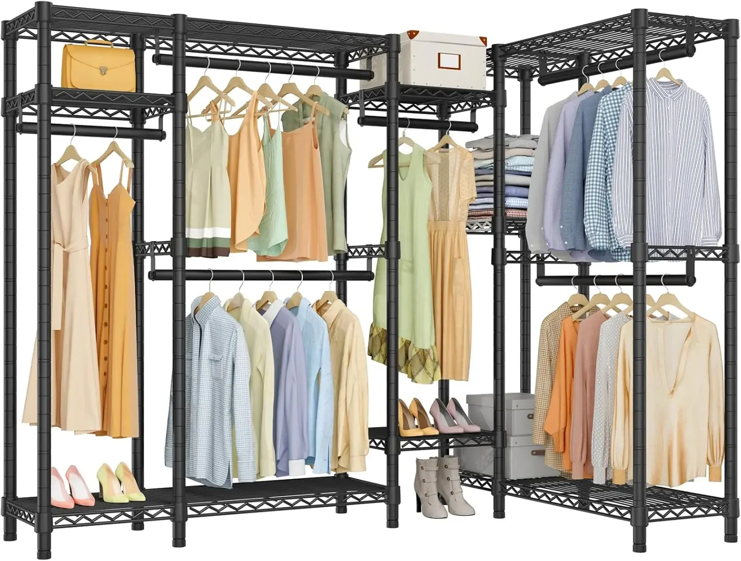 Corner Clothes Rack, L Shaped Heavy Duty Garment Rack, Corner Wardrobe Closet with Adjustable 8 Shelves & 6 Hanging Rods