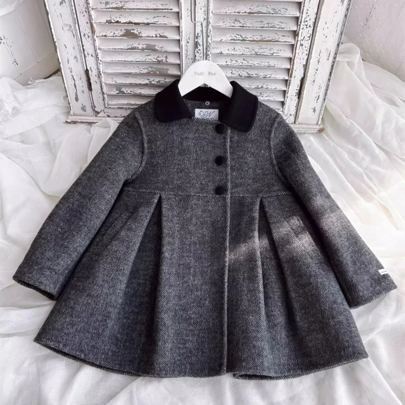 

Ins, испанское винтажное двустороннее кашемировое пальто ручной работы из 100% шерсти для девочек, черно-серое детское бутиковое модное пальто