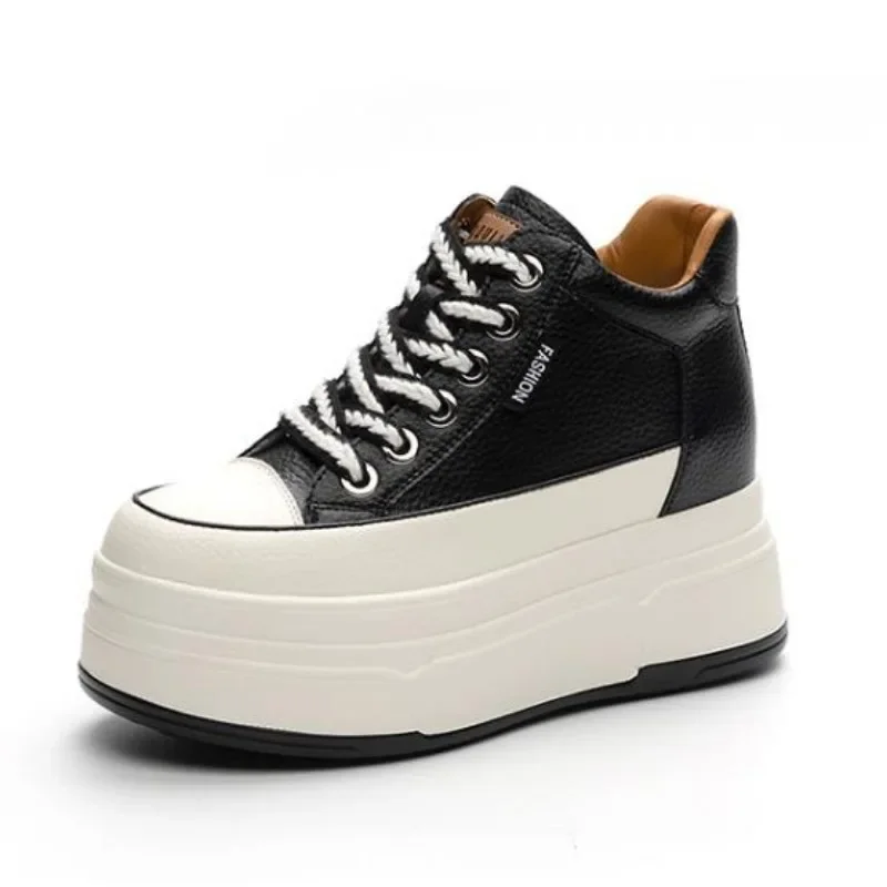 Zapatos vulcanizados de piel auténtica de gamuza de vaca de 9CM para mujer, zapatos informales estables con plataforma y cuña para patinar, tacones altos de marca