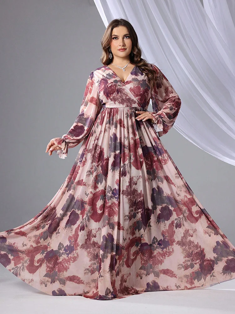 TOLEEN Plus Size Women V-Neck Long Sleeve Random Floral Print Casual Dress 2024 Summer Spring Elegant Formal Party Maxi Dresses