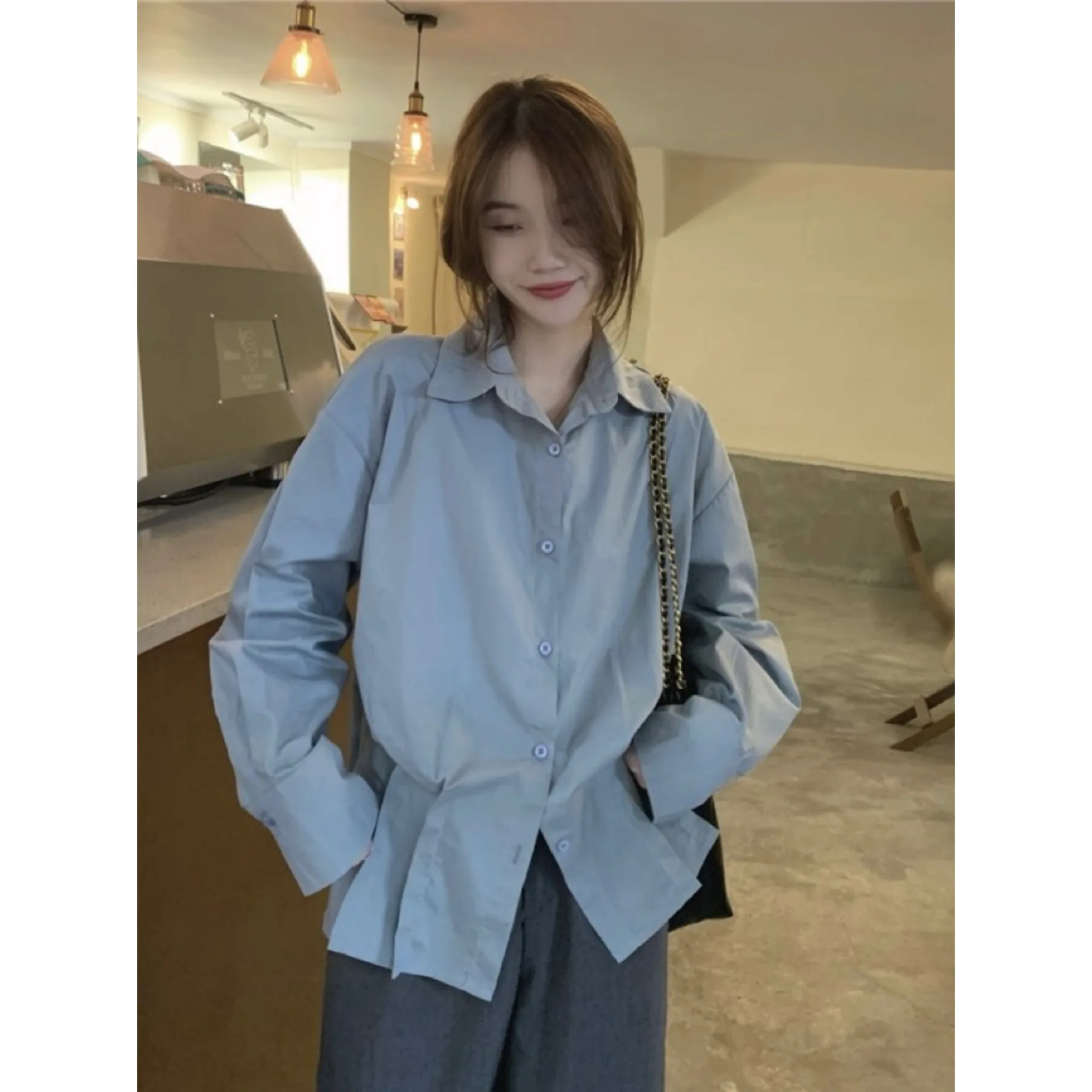 

Shirt Women's Solid Color Design with Pleated Hem for Versatile Autumn Korean Style Minimalist Lapel Loose Long Sleeved Shirt