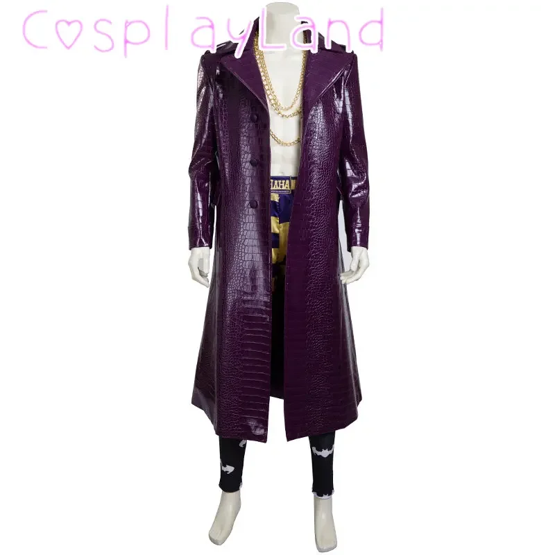 

Gotham City The Joker Cosplay Costume Halloween Carnival The Clown Outfit Purple Jacket Pants Men Suit With Golden Necklace