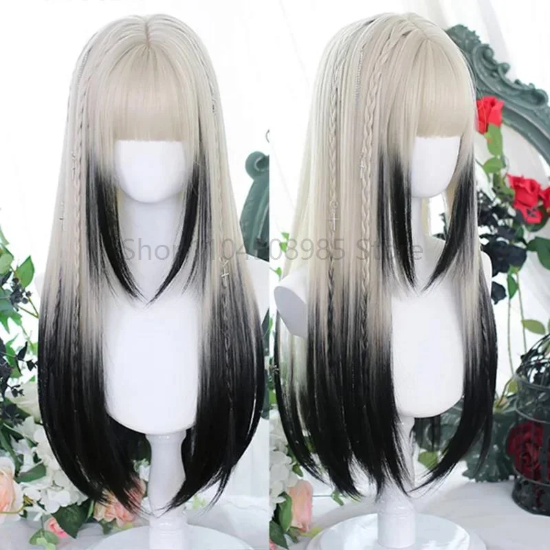 synthetic long straight hair women's wig silver gradient gray wig cosplay lolita bangs wig party wig 2025