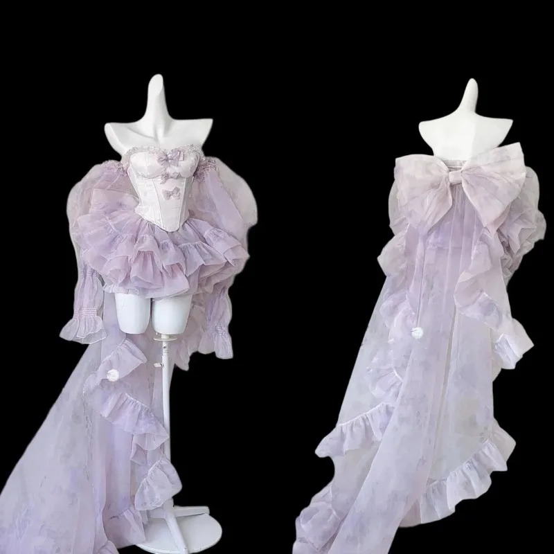 Summer Purple Outfits Princess Style Bow Trailing Slimming Tube Top and Elastic Waist Short Puff Skirt Sweet and Cute Girl Suit
