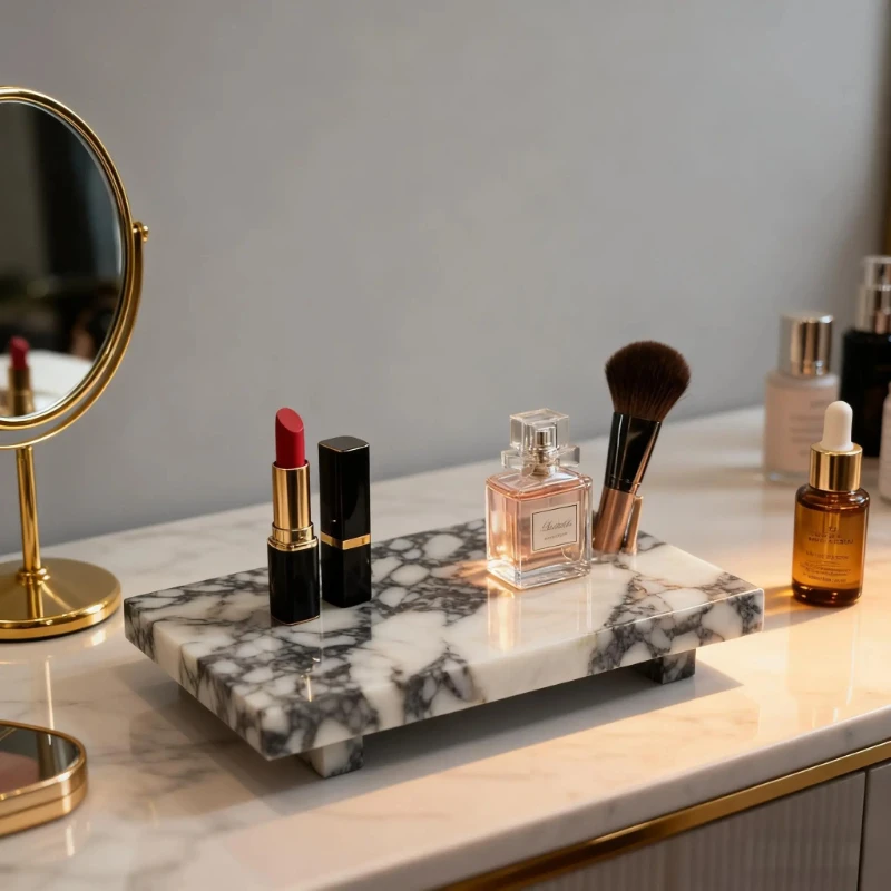 Marble Pedestal Stand, Bathroom Vanity Tray, Dresser Organizer for Jewelry and Cosmetics, Decorative Stone Base