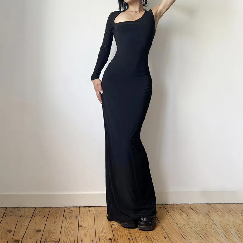 

Europe and the United States single shoulder sleeve irregular dress Spice sexy solid color slimming slimming long dress woman