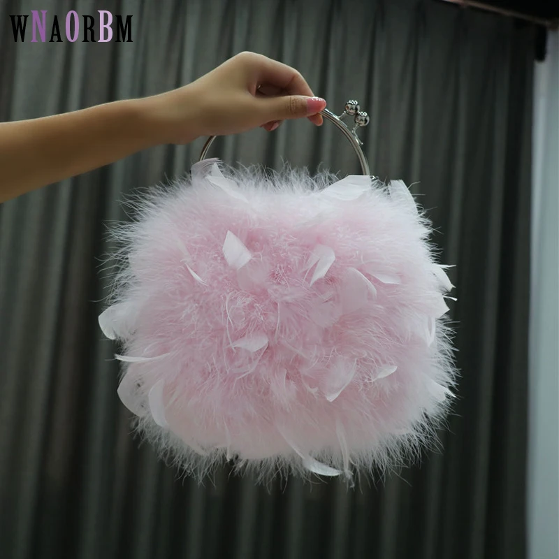 Hot selling cute latest Ladies' real turkey feather bag multi-color handbag, metal handle, handbag, fashionable wallet, handmade