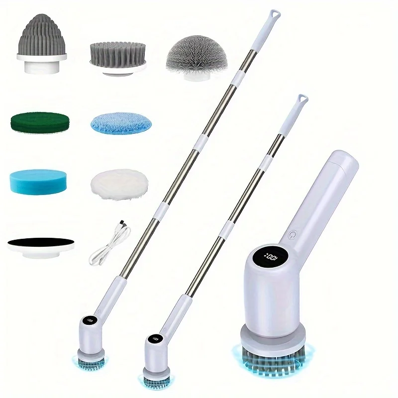 

2025 Cordless Electric Spin Scrubber with 7 Brush Heads - Adjustable Handle, Dual Speeds, USB Rechargeable for Kitchen, Bathroom