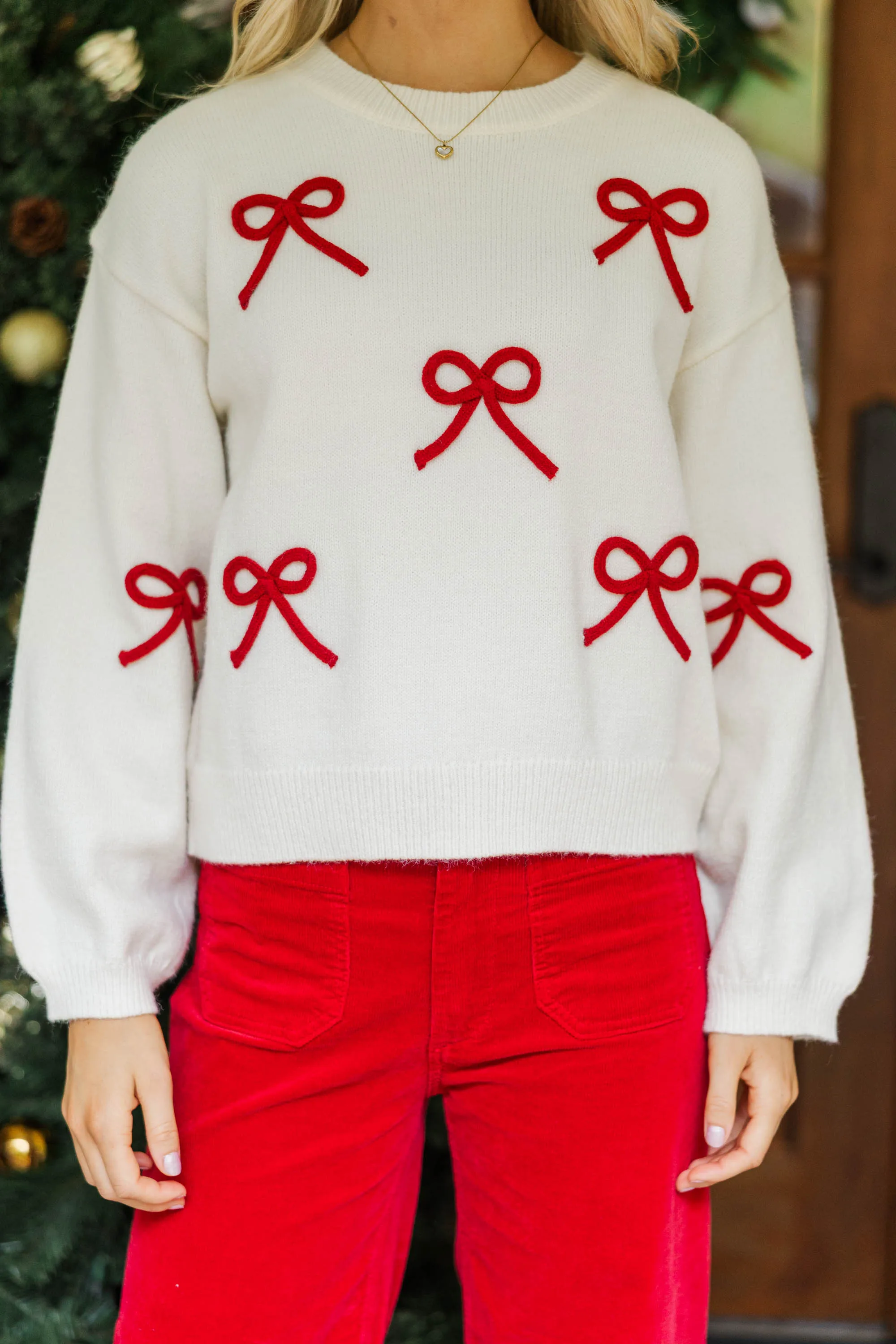 

Womens Round Neck Sweater Long Sleeve Pullover Sweater With Red Bow Casual Knit Tops For Fall Winter Loose Fit Stylish Sweaters