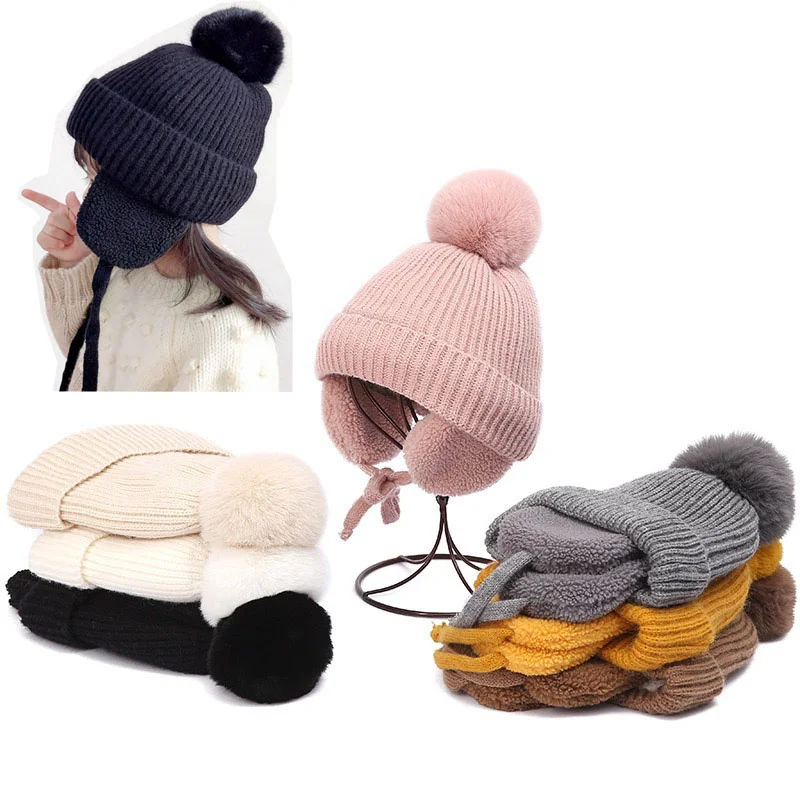 

Knitted Baby Hat 2-8T Pompom Beanie Cap with Earflap Autumn Winter Warm Wool Plush Child Hats For Boys Girls Kids Accessories