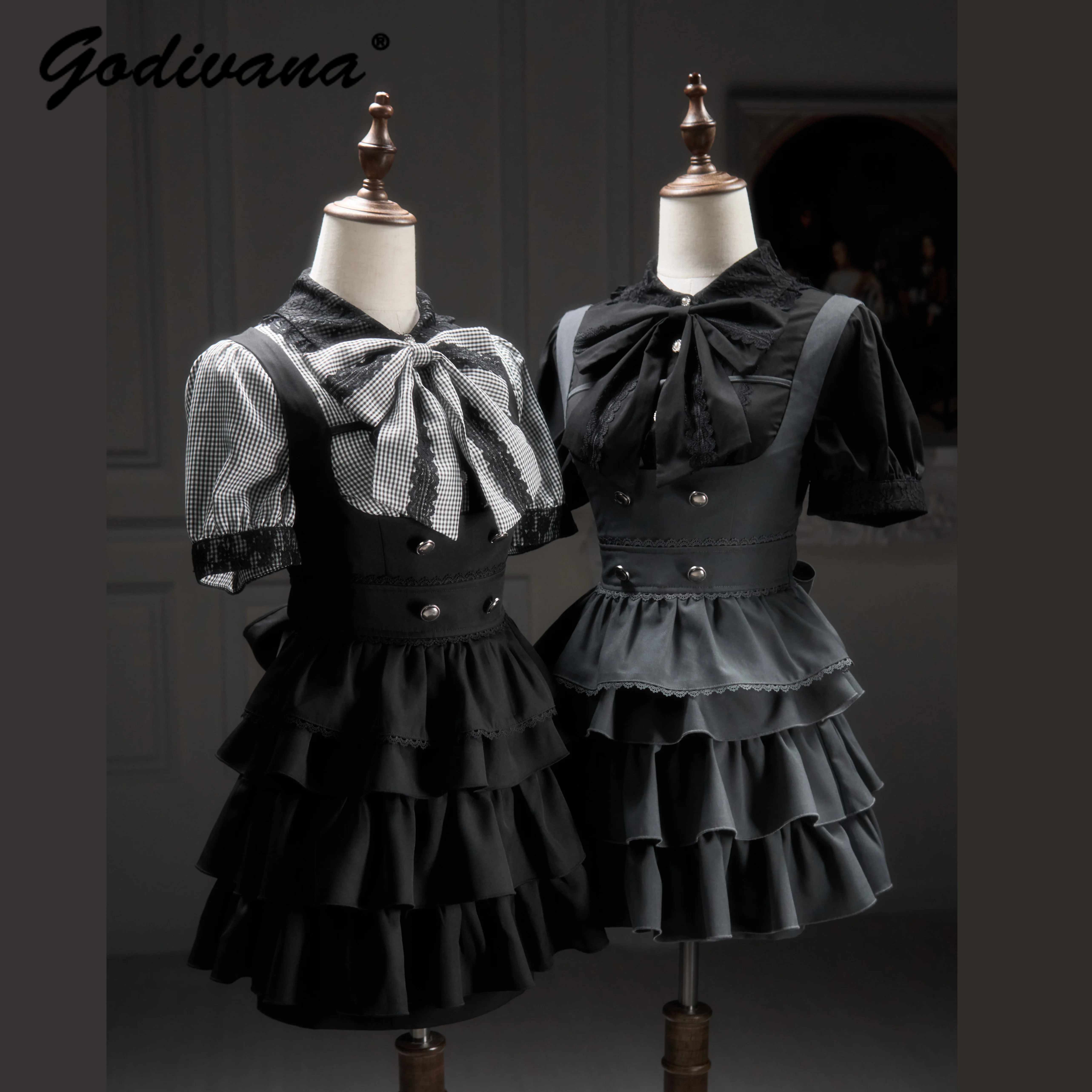 

Original Japanese Mine Female Girls Sweet 2-piece Dress Set New Summer Short Sleeve Big Bow Lolita Shirt Straps Cake Dress