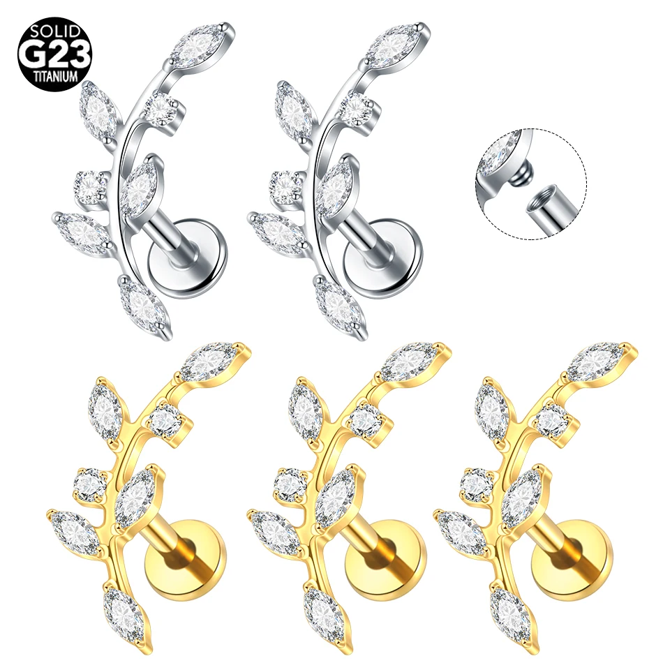 1/5PCS Titanium Leaf Ear Tragus Cartilage Helix Daith Piercing Stud Earrings for Women Internal Thread Labret Piercing Lip Rings