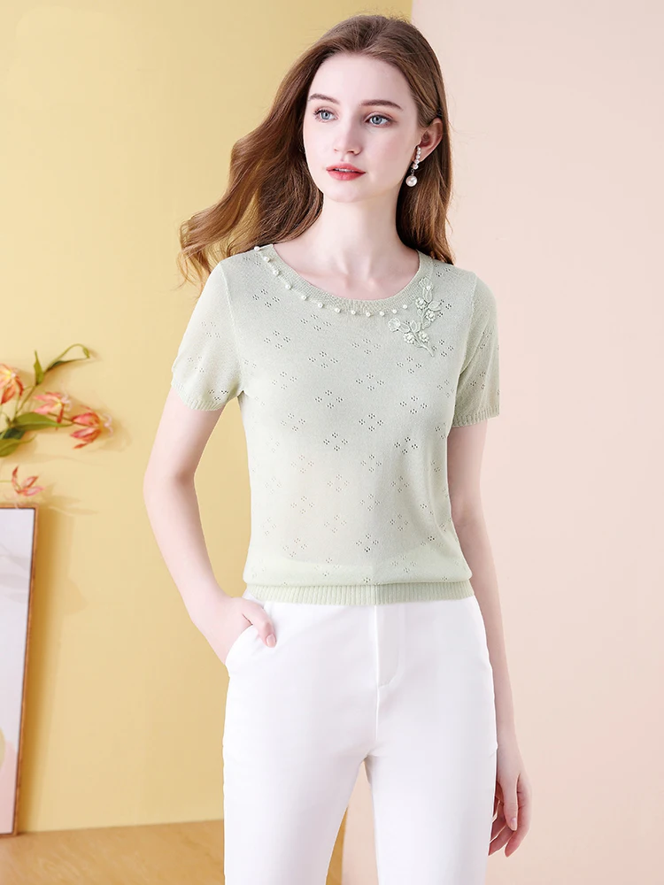 EVNISI Green Short-Sleeve Tops Women Summer 2022 New Casual Loose Fashion Knitted Embroidered Flares Hollow Out