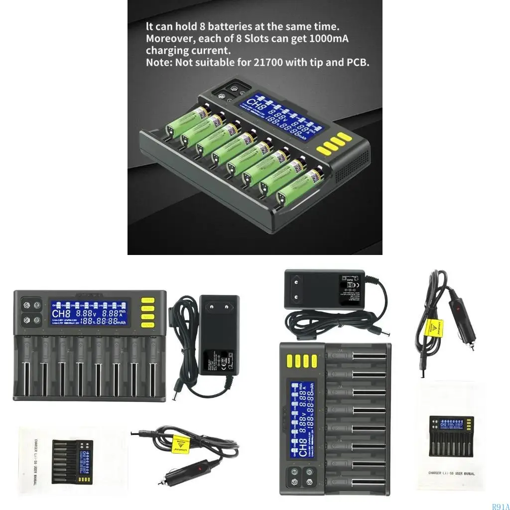 

R91a Lii 8 Bay Зарядка зарядка для 18650 21700 9 В батареи с ЖК -дисплеем и текущей настройкой