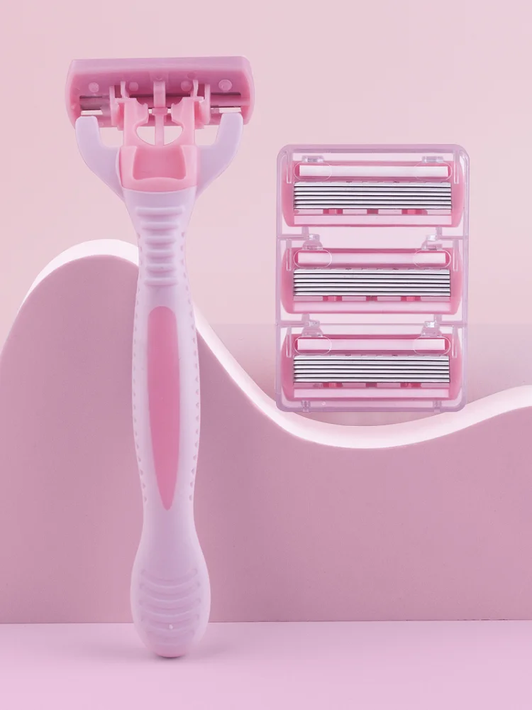 1 Griff + 4 Klingen/Männer und Frauen Körper Haar Sicherheit Bikini Aloe Streifen Rasierer Klinge Set weibliche Rasierer Ersatzköpfe – Detail 3