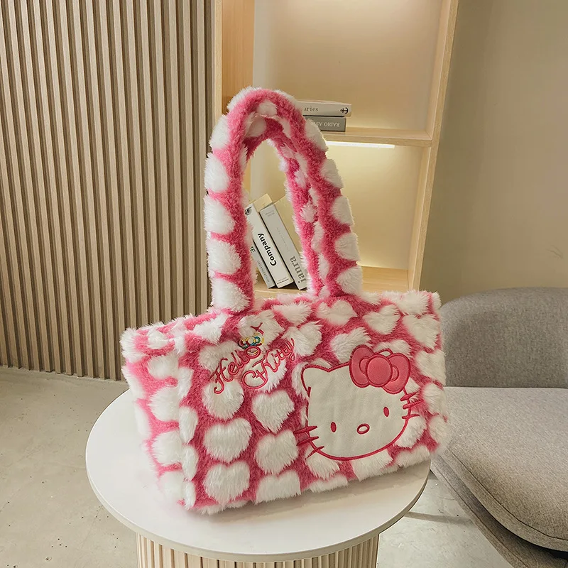 Sanrio Cartoon Fashion Hello Kitty Plush Shoulder Bag Cute Pink And White Heart-shaped Plush Handbag Girls Christmas Gift