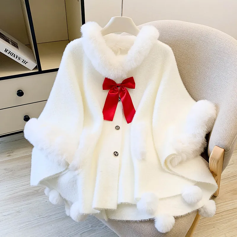 

Women's Autumn & Winter Thickened Faux Mink Fur Shawl Cape Coat Cute Pom Pom Bow Christmas Cape Outerwear Lolita Girl's Coat