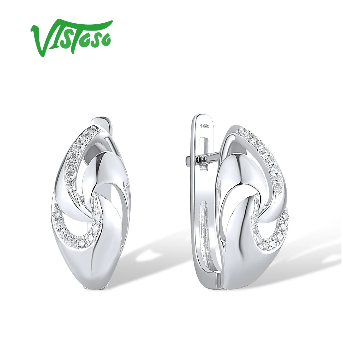 VISTOSO Real 14K 585 White Gold Latch Back Earrings For Women Sparkling Diamond Daily Wearing Delicate Gifts Fine Jewelry