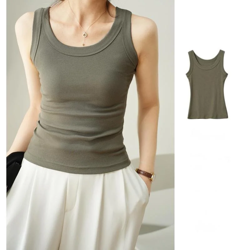 Summer Modal Cotton Wide Shoulder Tank Top Round Neck Slim High Elastic Ribbed 3D Sleeveless Breathable Basic Tops