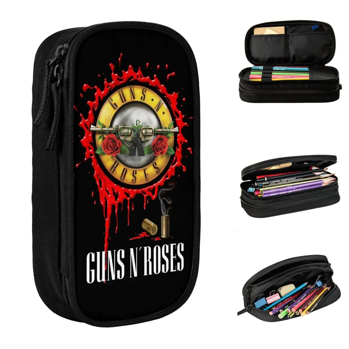 Guns N Roses Bullet Logo Pencil Case New 80s Rock Pen Box Bags for Student Big Capacity School Supplies Cosmetic Pencil Box