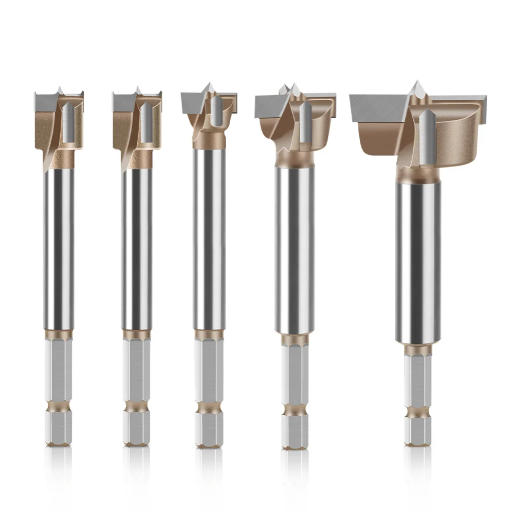 5-Piece 6.35mm Hex Shank Professional Woodworking Bit Set with Three-Teeth Double-Blade Alloy Drill Bits view 6