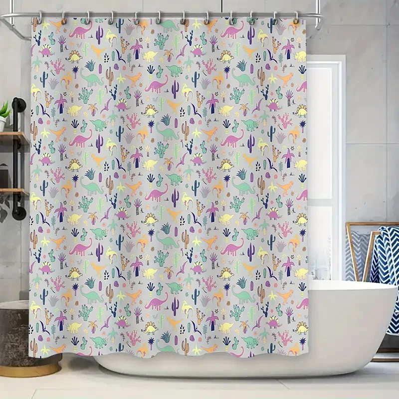 

Cute Dinosaur Shower Curtain Waterproof Forest Animals Bathroom Decor Set Vintage Jungle Pattern Backdrop Washable Liner