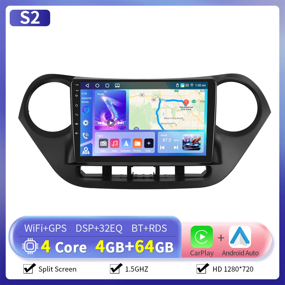 Camecho 6 + 128G Autoradio Draadloze CarPlay Android Auto Voor Hyundai I10 2014-2017 Auto Intelligente Systemen GPS Stereo 4G WiFi RDS