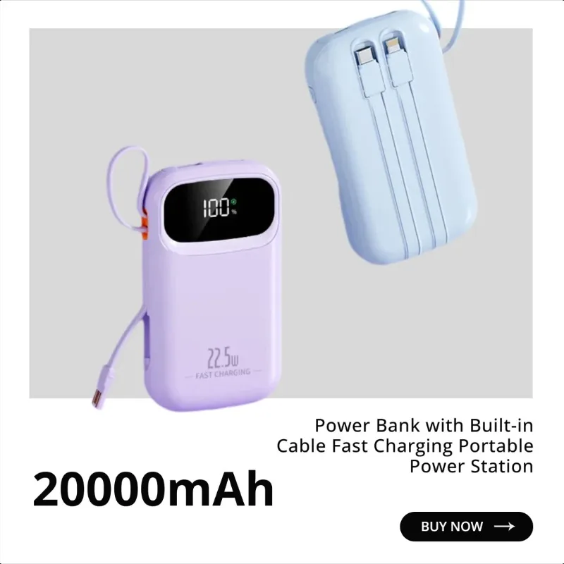 

20000mAh Power Bank with Built-in Cable Fast Charging Portable Power Station