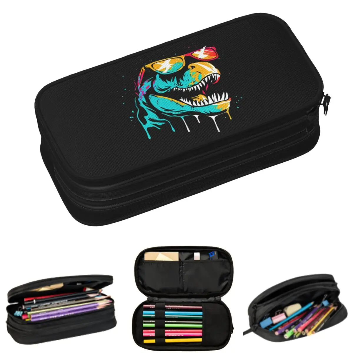 Vibrant Colorful Graffiti Dinosaur Themed Pencil Cases for Students Gifts Pen Box Pencil Bag Big Capacity Pencil Pouch