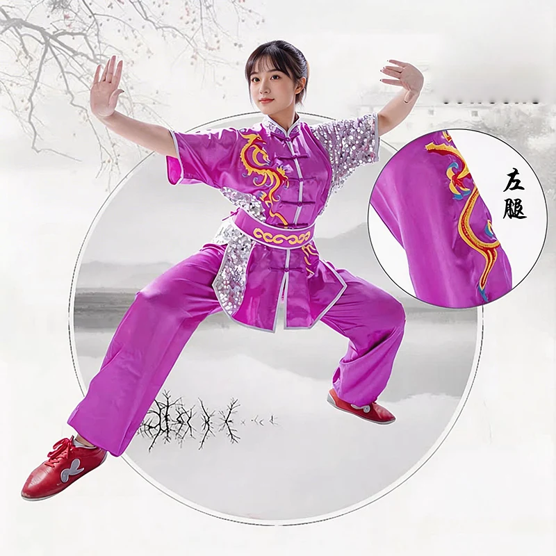 New Unisex Children's Competition Performance Martial Arts Tai Chi Suit with Sequins Color Blocking Polyester Multiple Colors