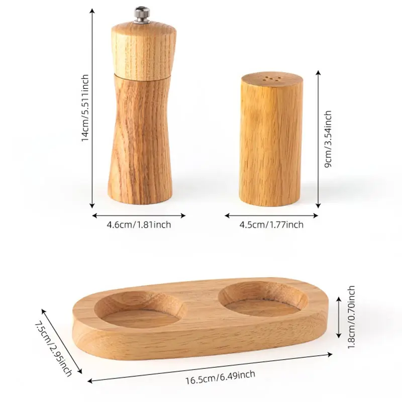 Manual Rubber Wood Sea Salt And Pepper Grinder Set,With Base Seasoning Jar,Kitchen Spice Shaker Salt Pepper Mills Set Tool