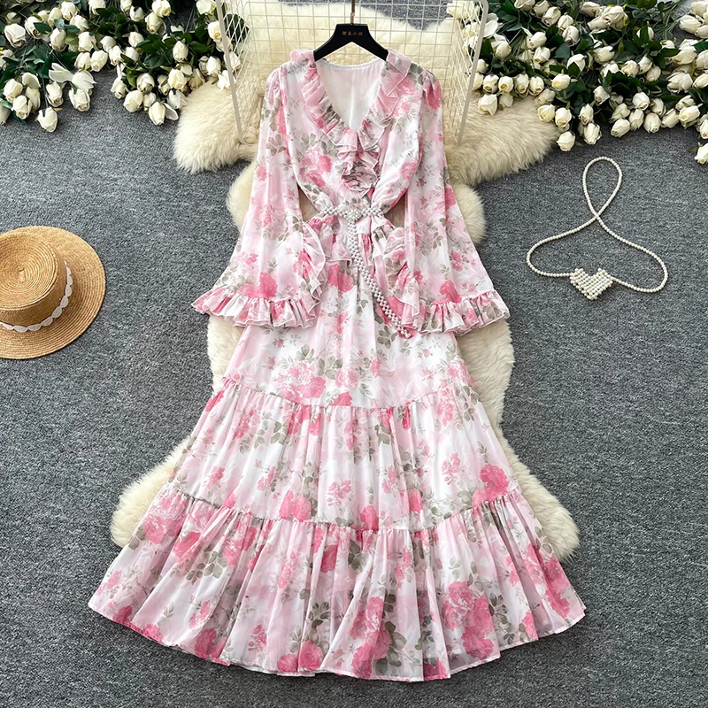 Spring Autumn French Chiffon Horn Sleeve Dress for Women New Fashionable Sweet Lotus Leaf Edge Long Sleeve Dress Y45