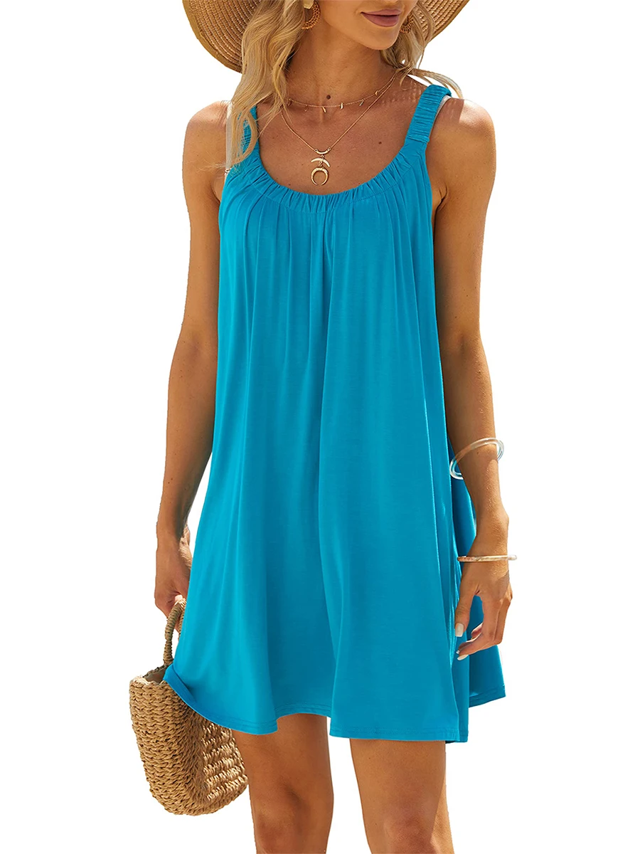 Robe de plage décontractée pour femmes, couleur unie, dos nu, col en U, cover-up pour bikini