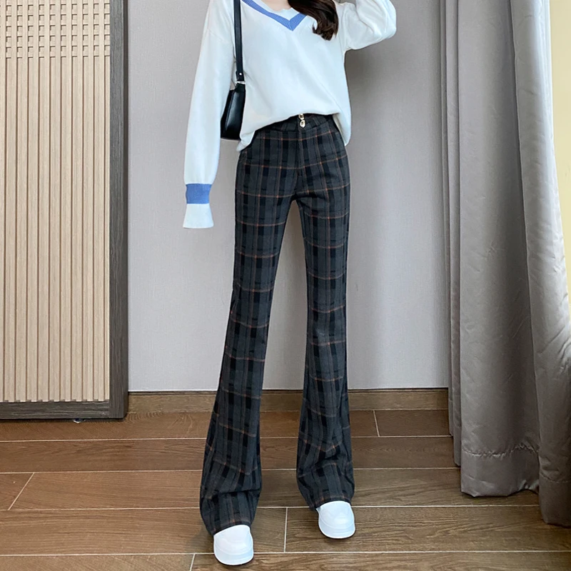 

Office Lady Autumn Winter Thicken Wool Flare Pants Streetwear Fashion Women High Waist Plaid Casual Loose Wide Leg Trousers 2023