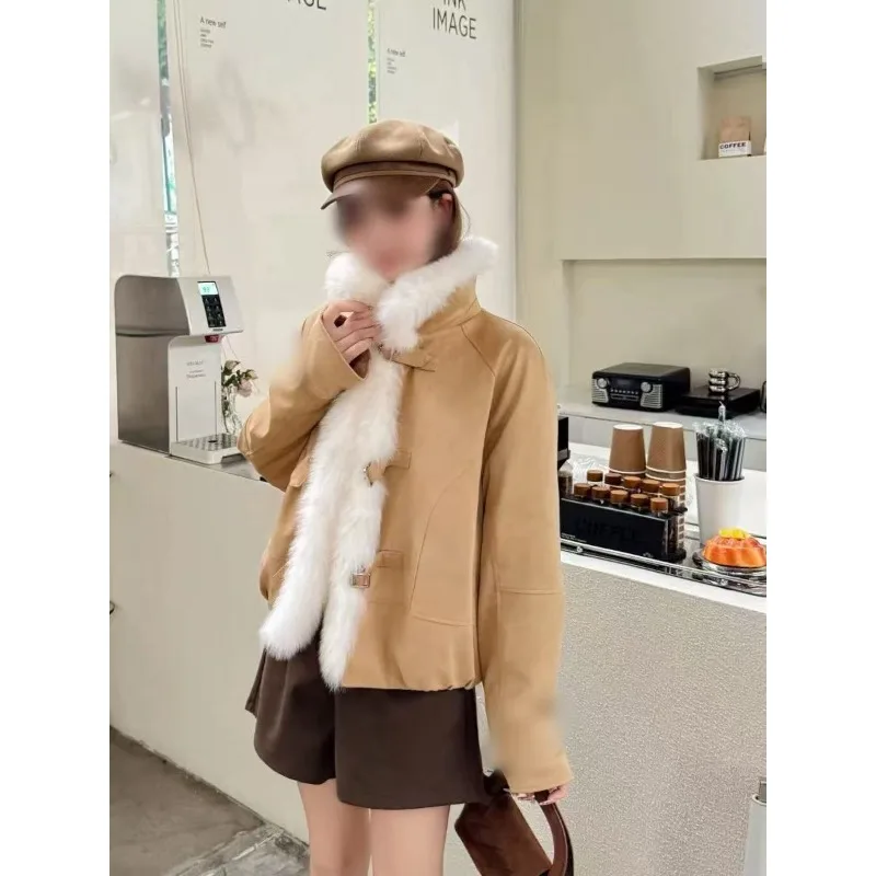 New Autumn Winter Faux Fox Fur Collar Faux Fur Coat for Young Women Duck Down Inner Liner and Down Style Overcomes Short Style