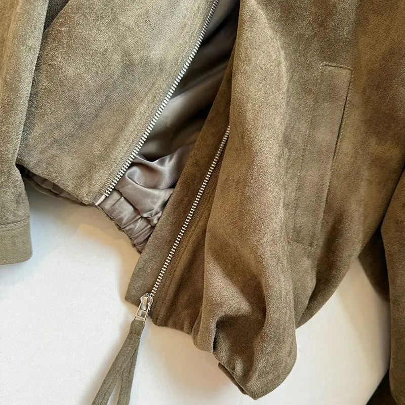 Retro Suede Zipper Short Jacket for Women in Autumn 2025 Loose Style Sweet and Cool Round Neck Coat Female Clothing