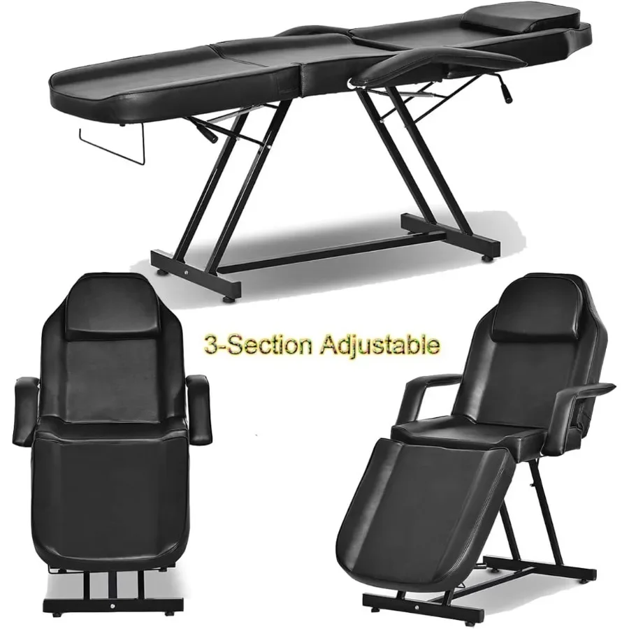 Tattoo Chair Facial Chair 3-Section Tattoo Bed Adjustable Facial Bed Table Multi-Purpose Salon Spa Chair for Esthetician Eyelas